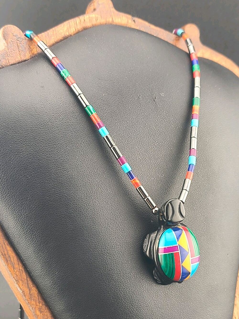 Vintage Zuni Multi-Stone Inlay Turtle Necklace Sterling Silver Accents 24"